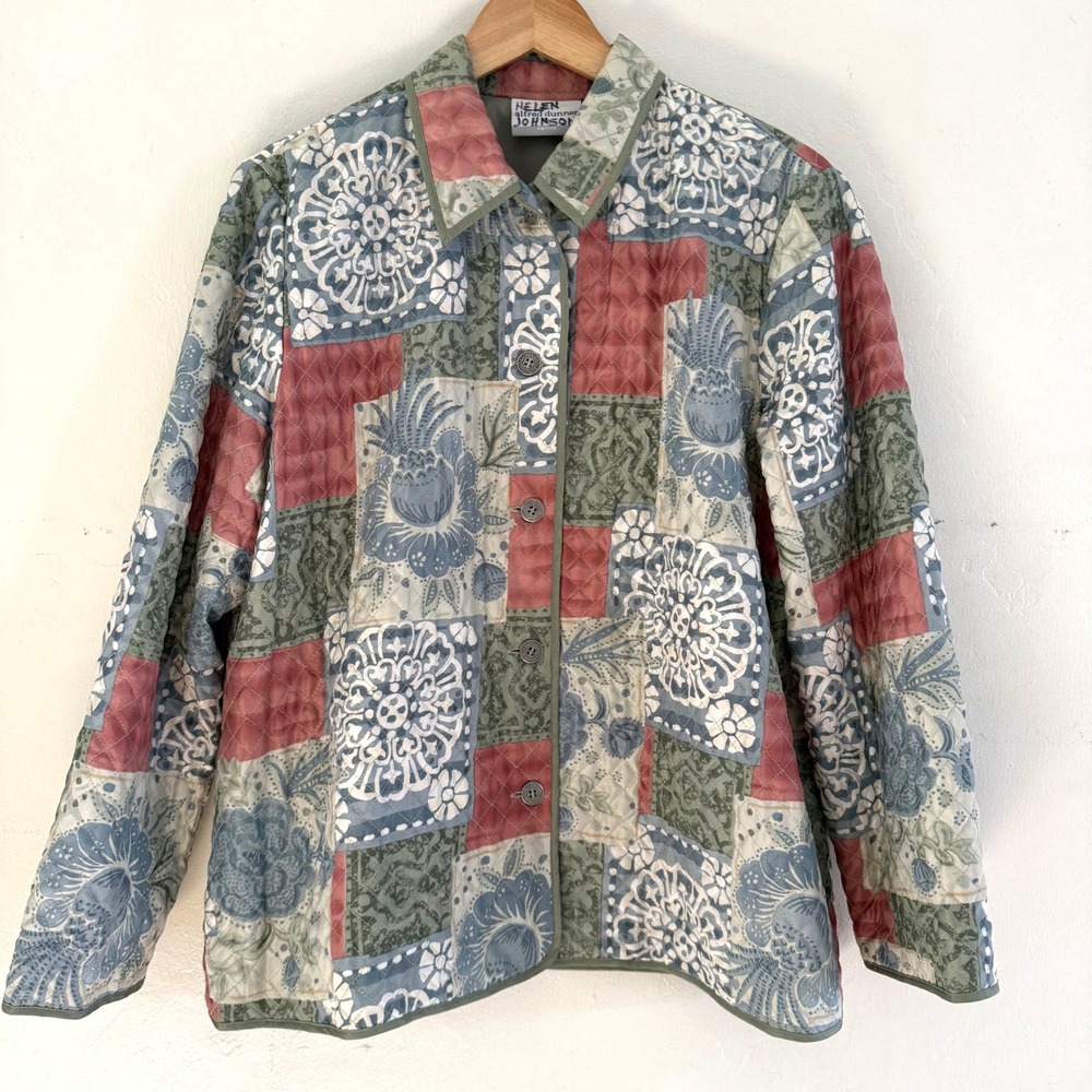 100% Silk Faux Patchwork‎ Quilted Button Front Jacket Womens Size 12 Petite